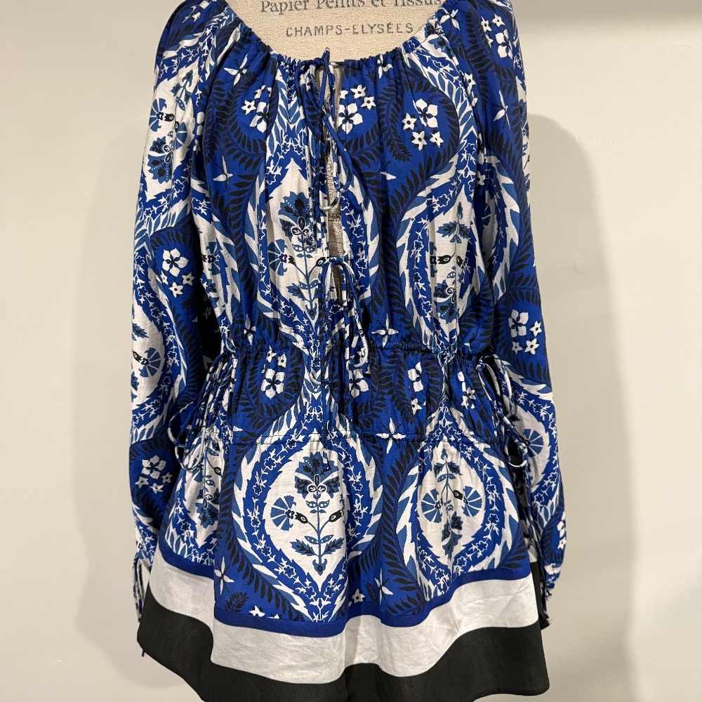 Beautiful Unique Bright Blue, White and Black Patterned Blouse